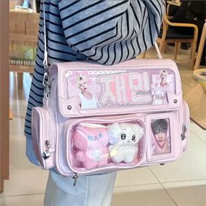 일본 솔리드 컬러 배낭 여성 스퀘어 가죽 Y2K Mochilas Mujer 하라주쿠 대용량 Ita Bag Anime Handle Crossbody