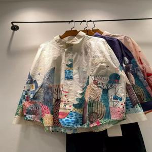 가슴 118cm 오리지널 디자인 순수 코튼 오버 사이즈 셔츠 여성용 가을 일본 패션 만화 프린트 셔츠 긴 소매 블라우스