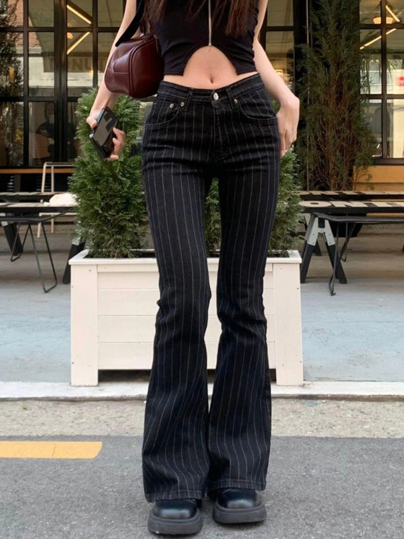 로우 허리 빈티지 스트라이프 플레어 청바지 여성 캐주얼 무늬 슬리밍 벨 바닥 바지 Faionable Cotton Stretch Denim Pants