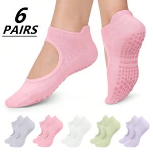 1/6_Pairs 여성용 요가 양말 미끄럼 방지 필라테스 댄스 양말 체육관 실내 및 피트니스 발레용 손잡이가 있는 미끄럼 방지 바닥 슬리퍼
