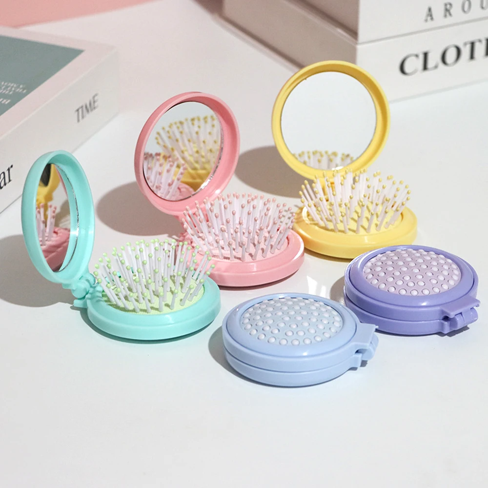 미니 휴대용 접이식 여행용 헤어 브러시 거울 포함 여성용 가벼운 플라스틱 이중 접이식 디자인 야외 사용 가능 손세탁 가능