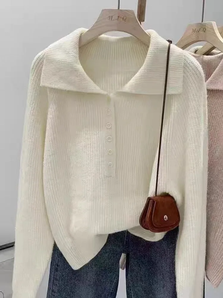 핑크 레이지 스타일 빅 칼라 스웨터 여성용 가을 겨울 신상 슬림 소프트 니트 셔츠 만능 상의 스윗 스타일 루즈핏