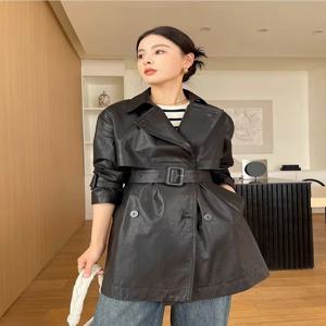 다용도 클래식 가죽 윈드브레이커 여성용 2025 겨울 100% 양가죽 중간 길이 트렌치코트 벨트 포함 여성용 코트