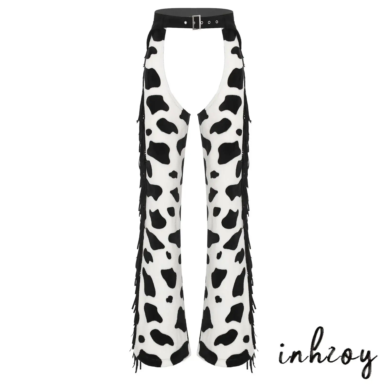 여성용 카우 스팟 패턴 플란넬 롱 팬츠 조절 가능한 허리 오픈 크로치 바이킹 라이딩 카우걸 찹스 할로윈 코스프레 의상