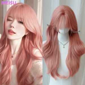 MEISU 26인치 합성 긴 곱슬 웨이브 앞머리 가발 핑크 브라운 섬유 내열성 자연스럽고 부드러운 여성용 데일리 착용