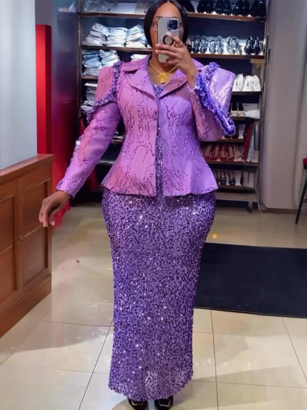 여성용 아프리카 의류 2종 세트, 다시키 안카라 스팽글 로브 플러스 사이즈 터키 웨딩 이브닝 파티 드레스 (코트 포함)