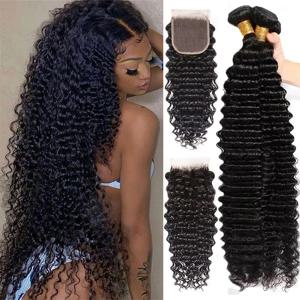 32인치 딥 웨이브 100% 인모 헤어 번들 (클로저 포함) 곱슬머리 3개 묶음 (클로저 포함) 인모 붙임머리 및 클로저 베트남산