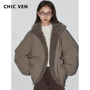 CHIC VEN 여성 다운 코트 루즈 캐주얼 90% 화이트 덕 다운 재킷 플러시 스플라이스 여성용 따뜻한 오버코트 가을 겨울 2025