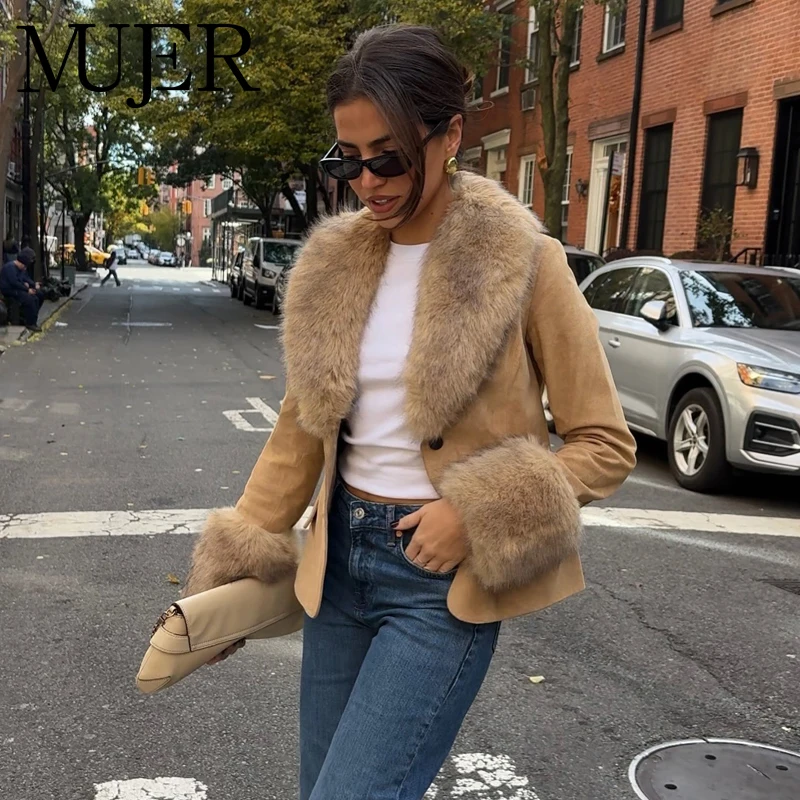 MUJER 여성용 인조 모피 가죽 블레이저 인조 스웨이드 럭셔리 여성 블레이저 코트 오피스 핏 자켓 여성 겨울 외투