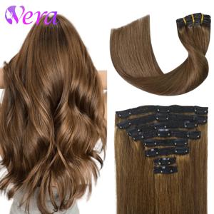 연한 갈색 헤어 익스텐션 클립 인 인모 120G 8개 클립 인 인모 익스텐션 스트레이트 # 6호 밤색 머리 연장
