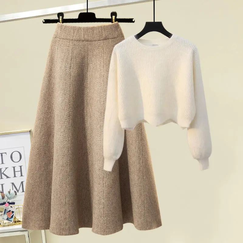 플러스 사이즈 여성용 가을 겨울 니트 스웨터 화이트 하프 길이 스커트 투피스 세트 슬림핏 노화 방지