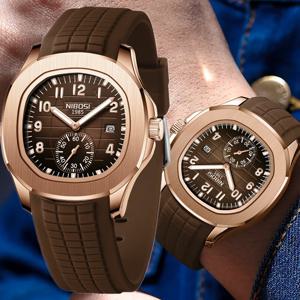 NIBOSI 럭셔리 남성용 시계 비즈니스 방수 남성 시계 빛나는 실리콘 밴드 날짜 표시 사각형 쿼츠 남성 시계