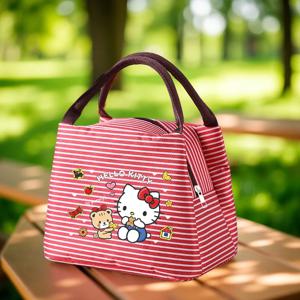 헬로 키티 줄무늬 도시락 가방, 휴대용 피크닉 도시락 상자, 휴대용 야외 피크닉 쿨러, 학교, 피크닉 및 해변에 적합