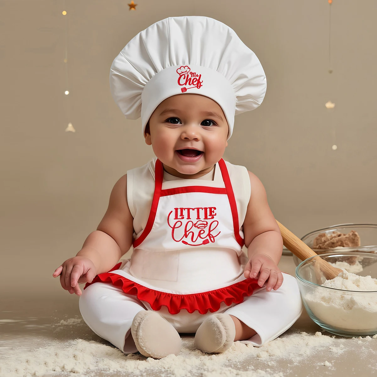 Ylsteed 2Pcs 신생아 수 놓은 사진 의류 소녀 소년 앞치마 요리사 모자 사진 촬영에 적합 작은 요리사-HD