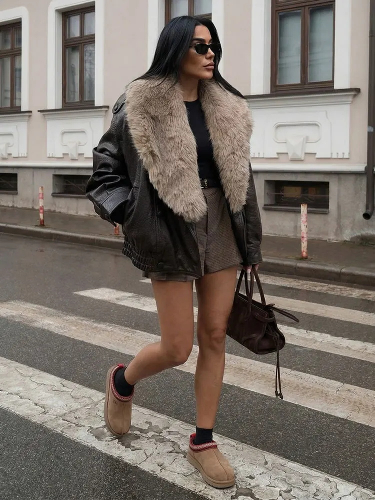 HH 여성 2026 신상 빈티지 인조 모피 칼라 재킷 긴 소매 인조 가죽 재킷 가을 하이 스트리트 여성 시크 아우터웨어