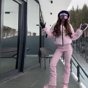 시크한 소녀 짧은 재킷+긴 바지 스키복 세트 귀여운 핑크 캐주얼 스포츠웨어 세트 여성용 신상 지퍼 겨울 야외복