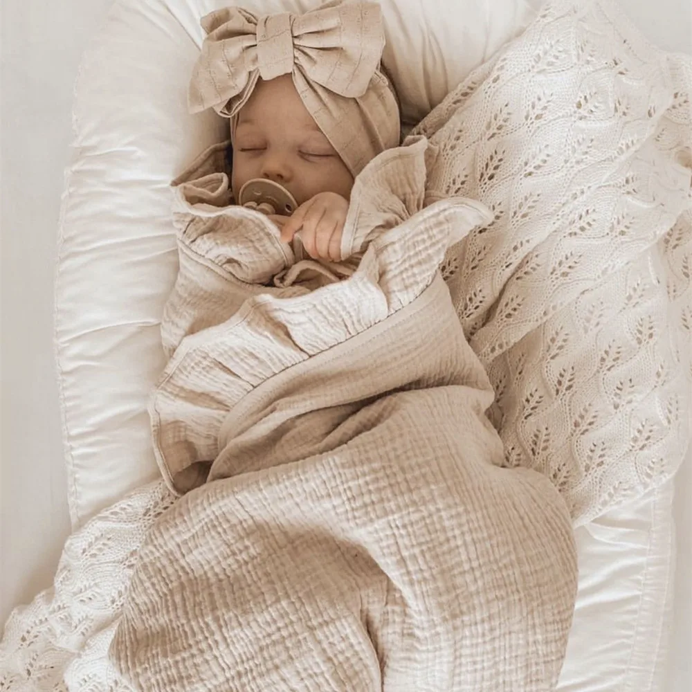 INS Ruffled Muslin 아기 Swaddle 담요 새로 태어난 유아 침구 유기농 아기 액세서리 신생아 담요 면화 받기