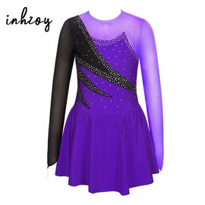 피겨 아이스 스케이팅 드레스 어린이 소녀 긴 소매 라인스톤 발레 튜튜 댄스 드레스 체조 레오타드 공연 의상