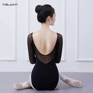 여성용 발레 타이트핏 원피스 블랙 메쉬 패치워크 슬리브, 빅 리키 백 섹시 댄스, 기본 폼 연습복