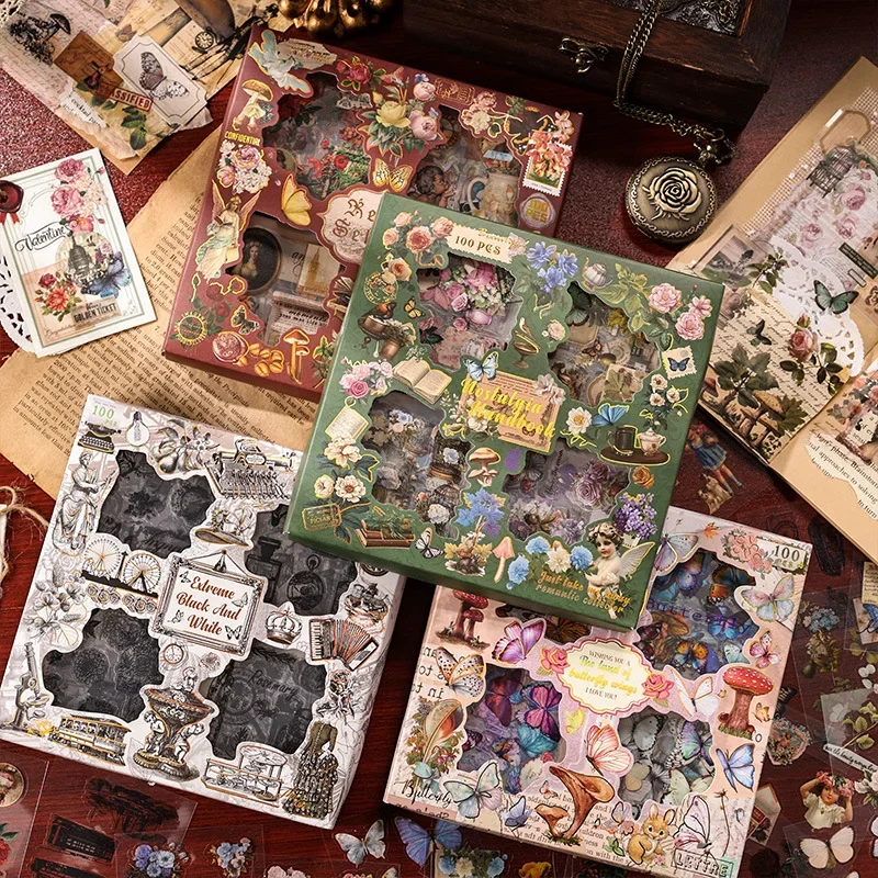 100pcs 대형 상자 스티커 빈티지 나비 꽃 식물 장식 접착제 Diy Scrapbooking 재료 정크 저널 용품