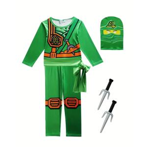 소년 일본 닌자 Onesie 놀이 의상 인쇄 녹색 만화 애니메이션 마스크 의상 일본 사무라이 포크 할로윈 드레스 파티