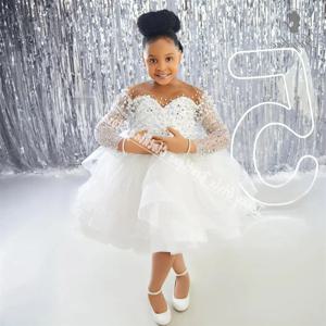 화이트 여아 진주 플라워 걸 드레스, 웨딩용 쉬어 넥, 스팽글 레이스, 첫 성찬식 생일 파티 드레스