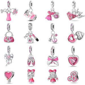 새로운 925 실버 패션 핑크 공주 스커트 가방 립스틱 매력 비즈 맞는 3mm 925 원래 팔찌 DIY 쥬얼리 생일 선물