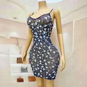 매력적인 서스펜더 스팽글 가수 의상 나이트 클럽 댄스 레드 카펫 무대 공연을위한 통기성 백리스 이브닝 드레스