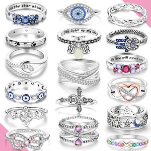 여성용 오리지널 925 스털링 실버 반지 지르콘 반딧불 하트 크로스 파인 주얼리