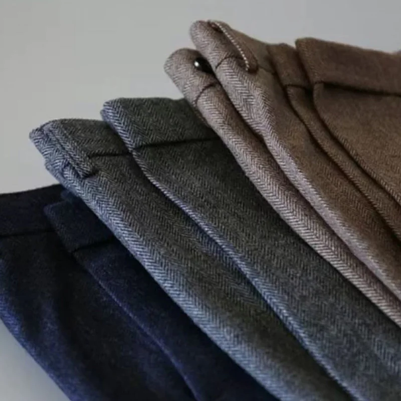 가을 신상 따뜻한 울 헤링본 캐주얼 바지 영국 레트로 울 루즈핏 스트레이트 남성 바지
