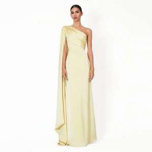 맞춤형 연노랑색 이브닝 드레스, 원숄더 드레이프 머메이드 이브닝 가운, 여성용 민소매 우아한 웨딩 파티 가운