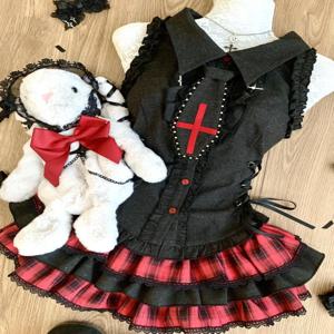 일본 다크 아카데미아 고딕 2피스 세트 여성 슬림 민소매 탑 + 플래드 케이크 스커트 뉴 빈티지 패션 스위트 JK 의상 2025