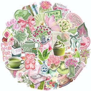 50Pcs 핑크 그린 말차 빈티지 스티커 미적 Cottagecore 데칼 Scrapbooking 노트북 수하물 노트북 스케이트 보드 스티커