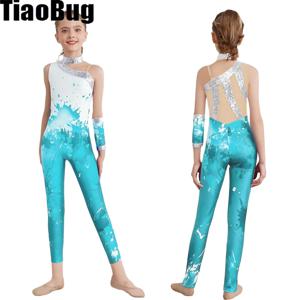 여자 민소매 체조 점프 슈트 반짝 이는 스팽글 댄스 바디 슈트 전체 길이 레오타드와 장갑 피겨 스케이팅 공연 의상