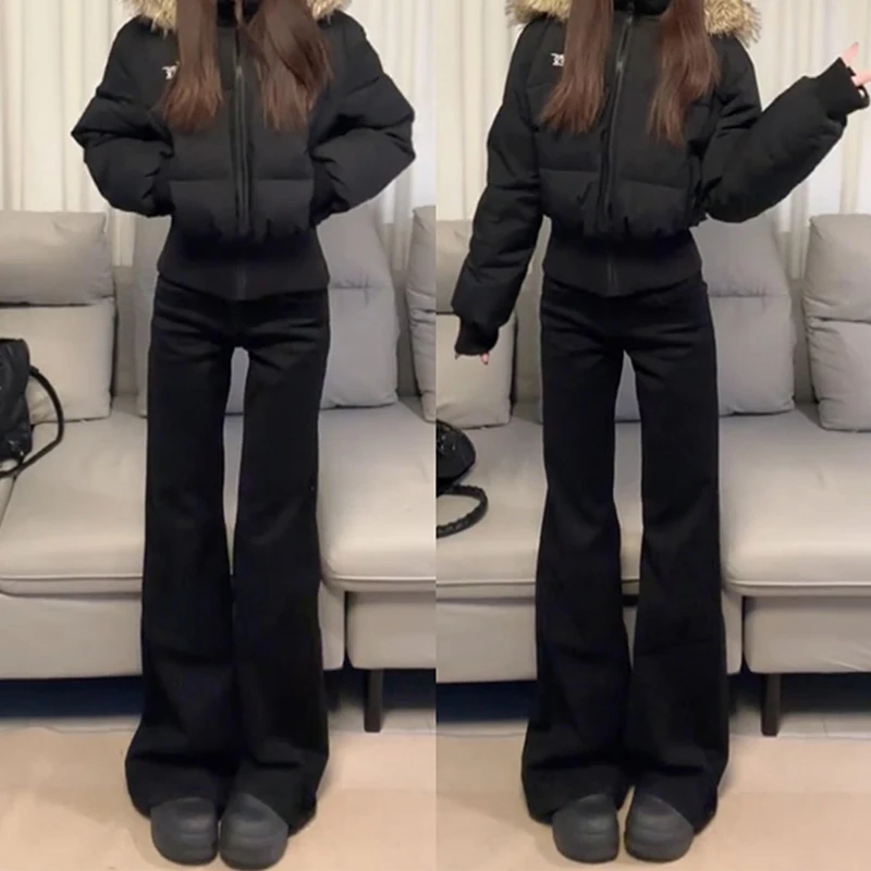 두꺼운 플리스 블랙 벨보텀 청바지 여성용 겨울 하이웨이스트 슬리밍 스몰 사이즈 드레이프 따뜻한 롱 벨 팬츠