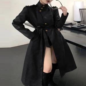 한국 패션 스타일 스탠드 칼라 벨트 블랙 가죽 자켓 여성용 가을 겨울 우아한 고급 롱 코트 스타일리쉬 출퇴근 스타일 슬림핏