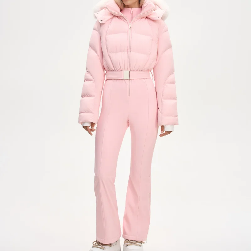 시크한 겨울 스키웨어 점프수트 슬림핏 긴팔 방풍 후드 재킷 바지 따뜻한 휴가복 2025 신상 여성 아웃도어 의류