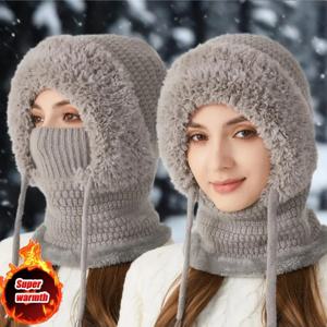 여성용 겨울 사이클링 야외 활동 방풍 귀마개 모자용 열 니트 발라클라바 후드와 얼굴 가리개 및 스카프