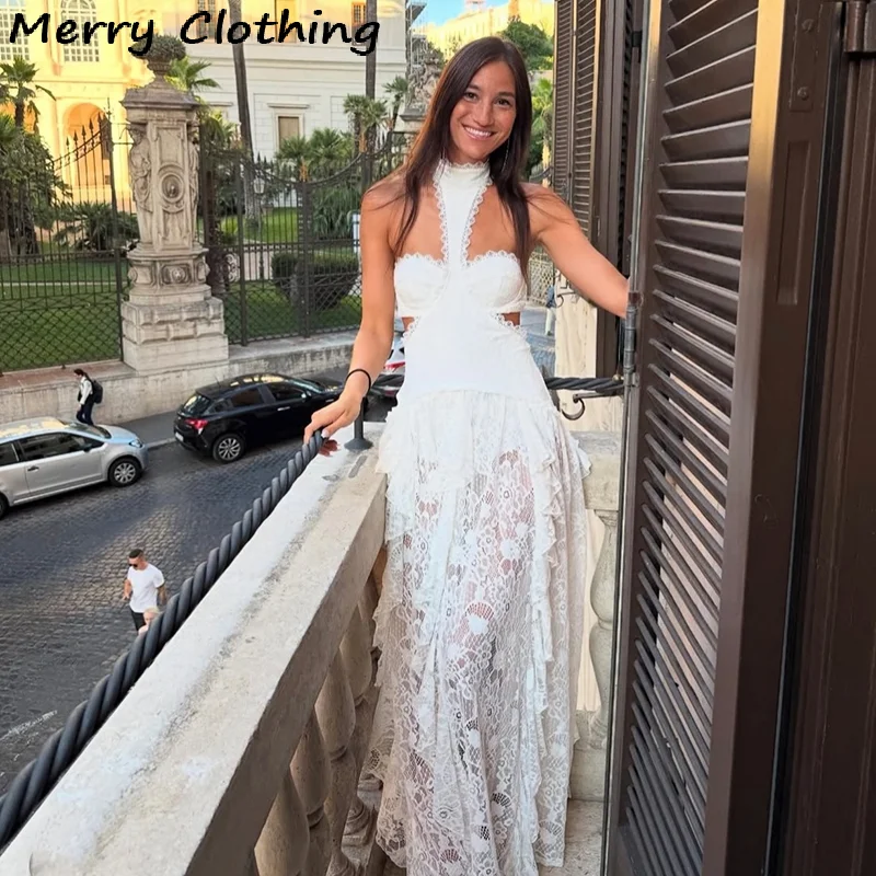 섹시 레이스 패치워크 드레스 여성용 홀터넥 슬리브리스 파티 클럽 롱 스커트 시스루 이브닝 가운 휴가용 여성 로브