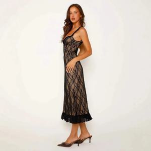 여성용 드레스 플로럴 레이스 블랙 섹시 드레스 여성용 클래식 스파게티 스트랩 딥 V넥 바디콘 롱 드레스 프렌치 스타일