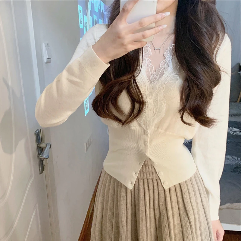 레이스 니트 V넥 슬림핏 여성용 스웨터 한국 스타일 통근 패션 긴팔 버튼업 탑 이너웨어 INS 스타일