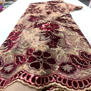스팽글과 벨벳 아프리카 레이스 원단 레드 프랑스어 자수 나이지리아 벨벳 레이스 원단 웨딩 파티 스팽글 봉제 PL129