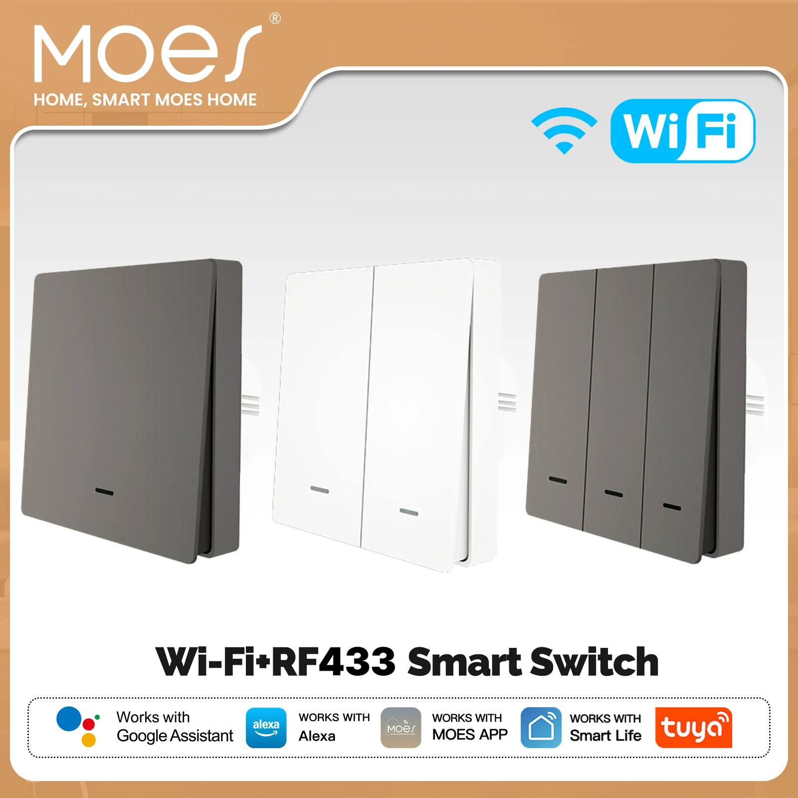 MOES WiFi 스마트 푸시 버튼 벽 조명 스위치 RF433 송신기 스마트 라이프 투야 앱 원격 제어 알렉사 구글 홈과 호환