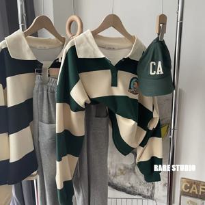 가을 겨울 폴로넥 스웨트셔츠 여성용 루즈핏 캐주얼 스트라이프 자수 후드티 다용도 스타일리쉬 한국 스타일 긴팔