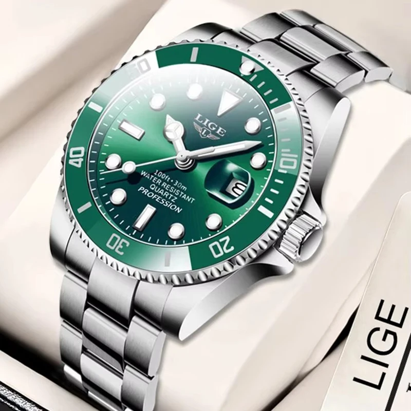 LIGE 최고급 명품 패션 다이버 시계 남성용 30ATM 방수 날짜 표시 스포츠 시계 남성용 쿼츠 손목시계 남성 시계
