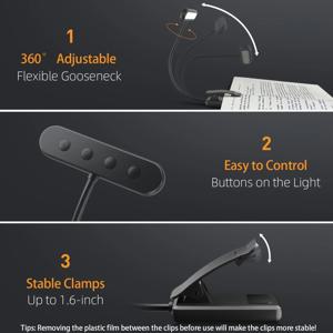 휴대용 유연한 쉬운 클립 야간 독서 램프 USB 충전식 독서등 3색 따뜻한 차가운 흰색 일광 책 램프1