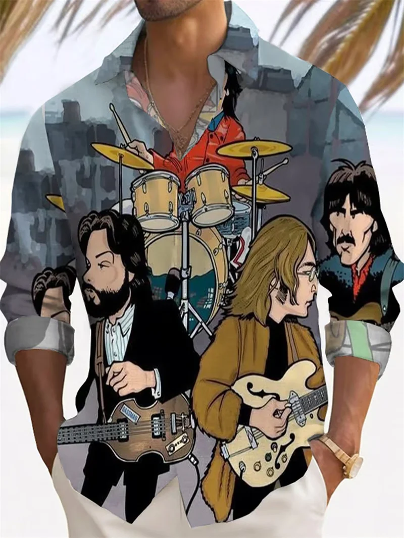 남성용 긴팔 프린트 셔츠, 싱글 브레스티드 스탠드 칼라 셔츠, 패셔너블한 캐주얼 탑