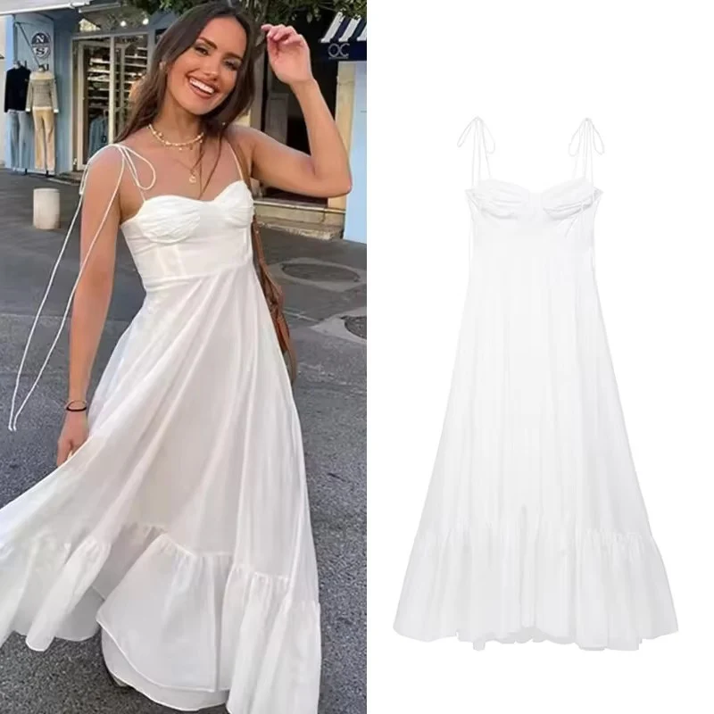 TFMLN 새로운 우아한 여성 계층화 된 긴 드레스 여름 클래식 패션 솔리드 사이드 지퍼 드레스 높은 허리 a 라인 파티 소프트 드레스