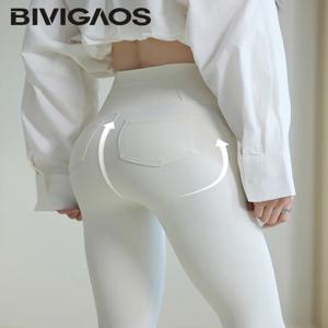 BIVIGAOS 2025 봄 여름 백 포켓 샤크스킨 레깅스 여성 화이트 타이트 캐주얼 스포츠 피트니스 레깅스 스키니 펜슬 바지