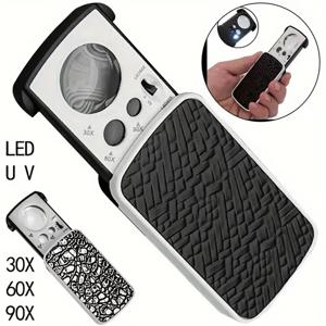 정밀 보석학 및 마이크로 조각을 위한 휴대용 삼중 확대 루페 30X-90X-슬라이드 아웃 LED/UV 조명 보석 돋보기